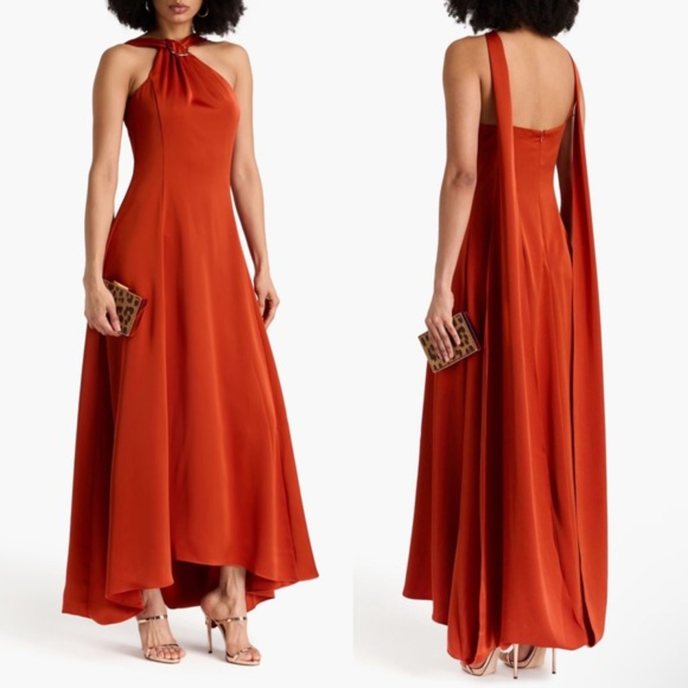 HALSTON‎ NEW Genevieve Draped Satin Asymmetric Halter Gown Orange - Size 12